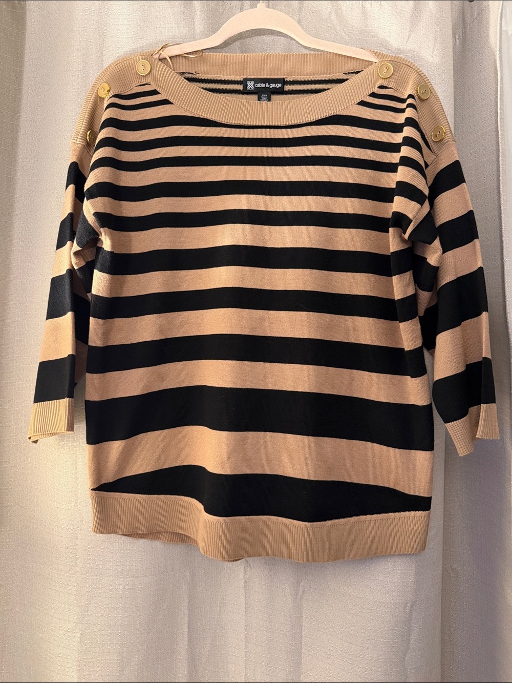 Cable & Gauge Black and Camel Button-Shoulder Striped Sweater